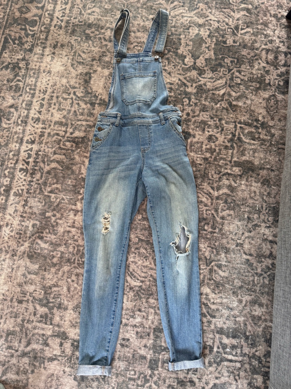 Vanilla Star Light Wash Distressed denim overalls - Ripped Knee Detail